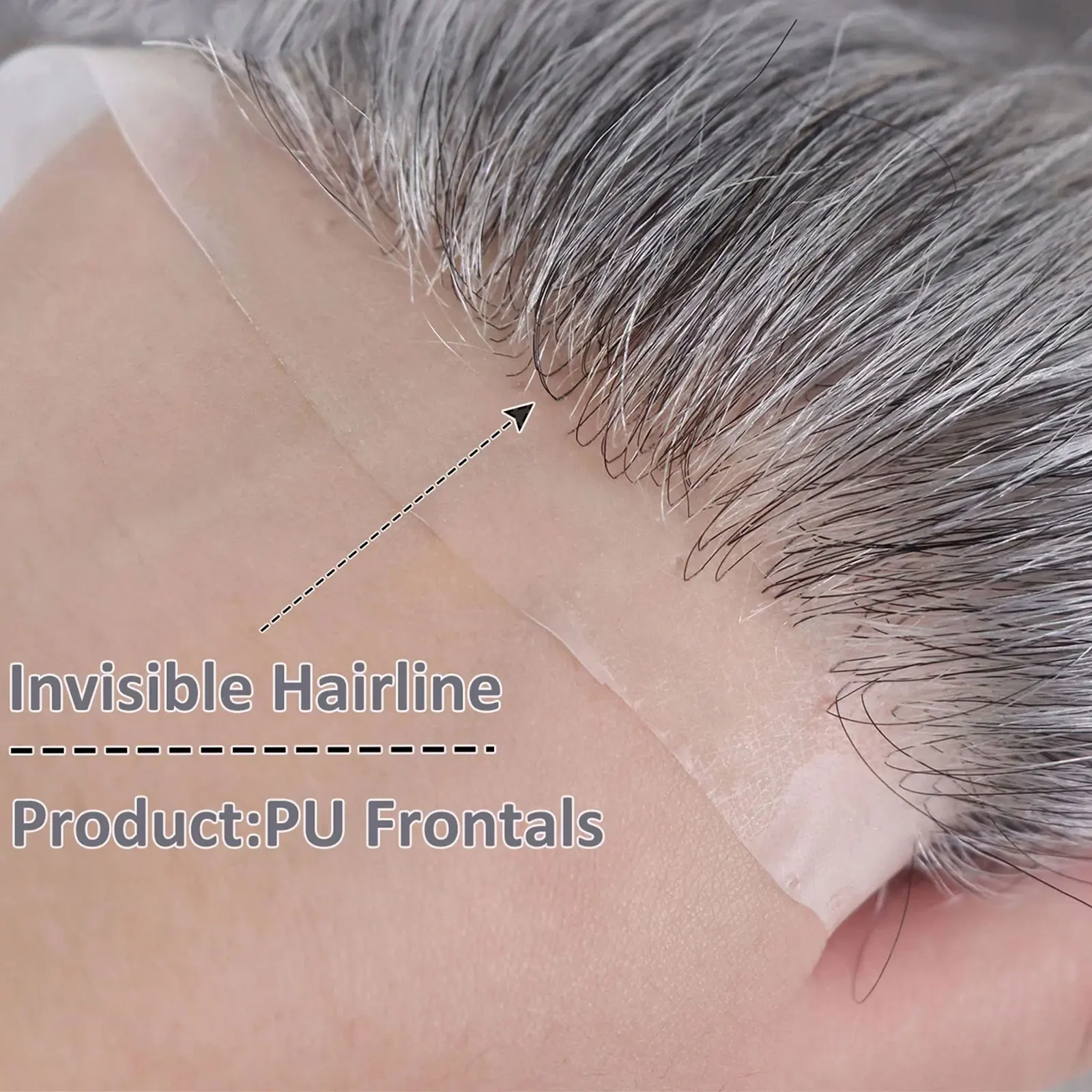 Grey Human Hairline Men's Lace Frontal Wig 1B60 Straight Hair V Style Frontal 0.06mm Ultra Thin Skin PU Capillary Prosthesis
