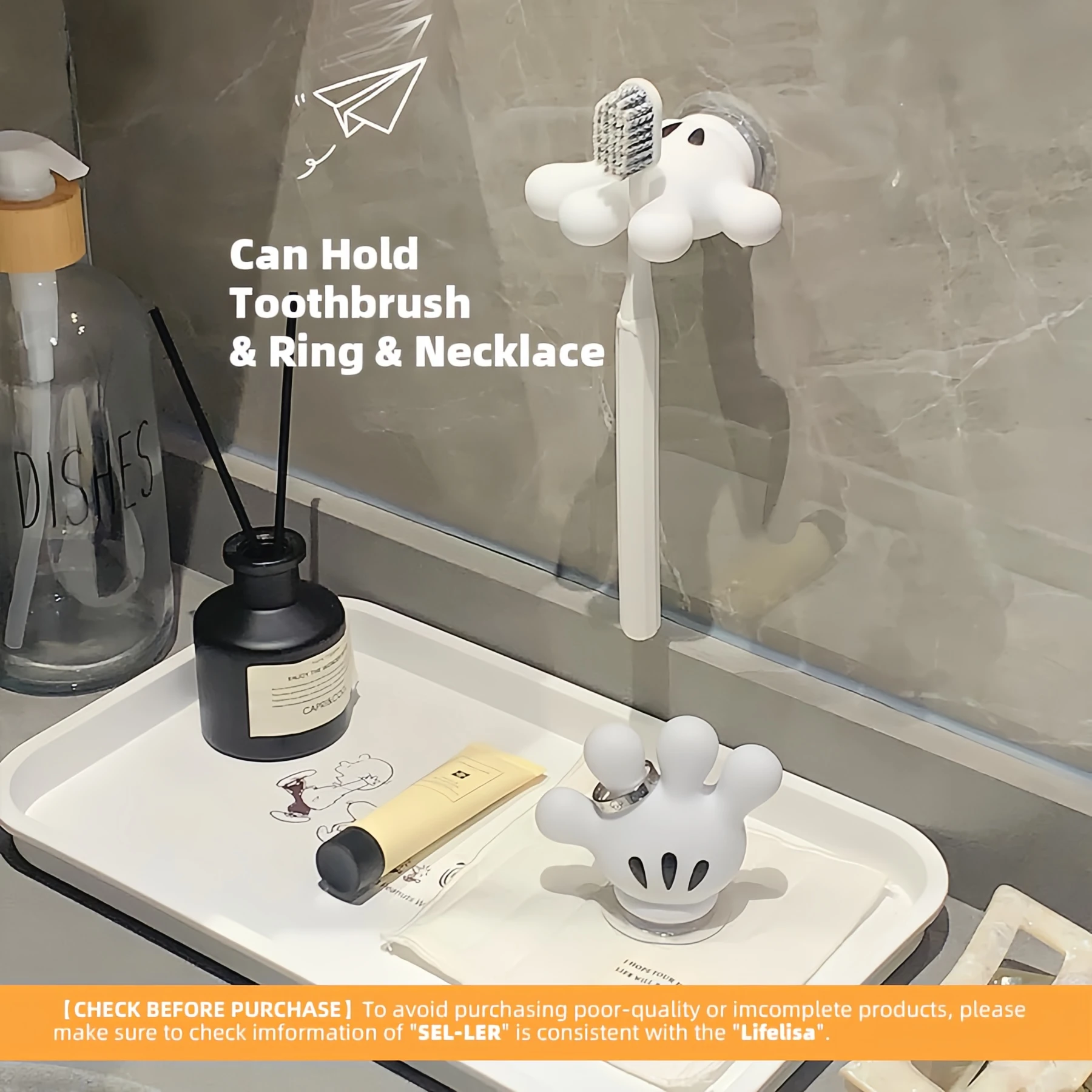 Adorable Palm Toothbrush Holder with Multifunctional Traceless Suction Hooks for Bathroom Towels and Data Cable Winding