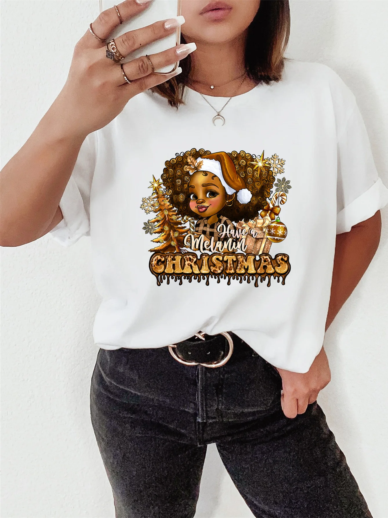 

Have A Melanin Christmas Print Women T-shirt Christmas Girls tops wholesale Female Outfit Tops Short Sleeve T Shirts