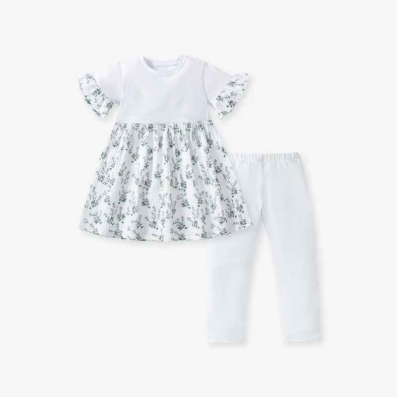 2Pcs/set Baby Girls 2025 New Tracksuit Summer Cotton Children's Clothing Sets Cartoon Flowers Dress+Pants Kids Clothes