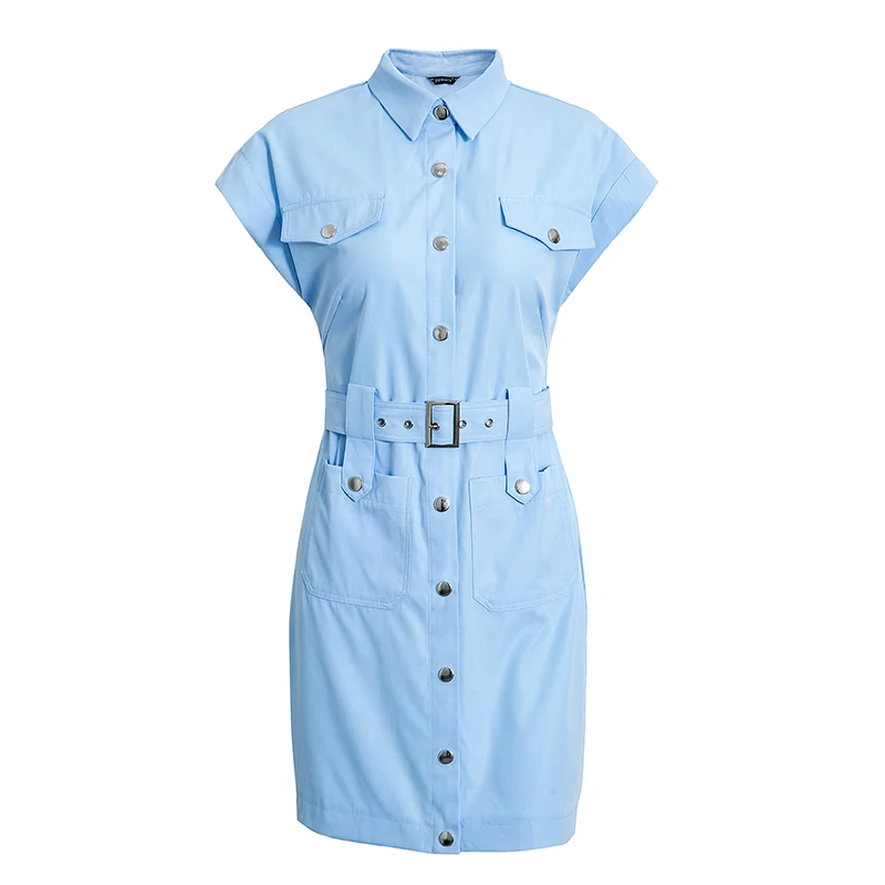 BerryGo Elegant 2022 summer shirt dress short sleeve office dress women Single breasted belt mini dress Blue pocket work vestido