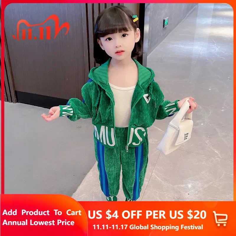 

New Girls Hooded Sports Suit Clothes Spring Autumn Infant Kids Alphabet Printed Zip Jacket Long Pants 2 Pieces Set 1-8Y