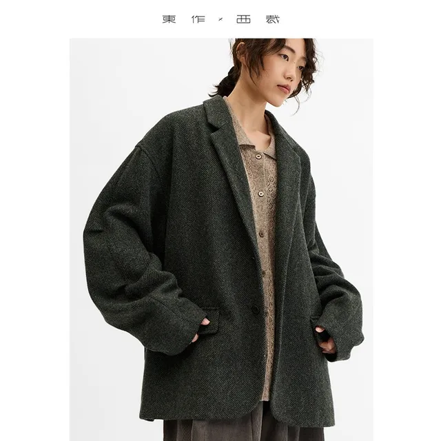 Retro Green Herringbone Tweed Wool Suit Women's Loose-Fitting Artistic Style Jacket 2025 Autumn and Winter New Style 1