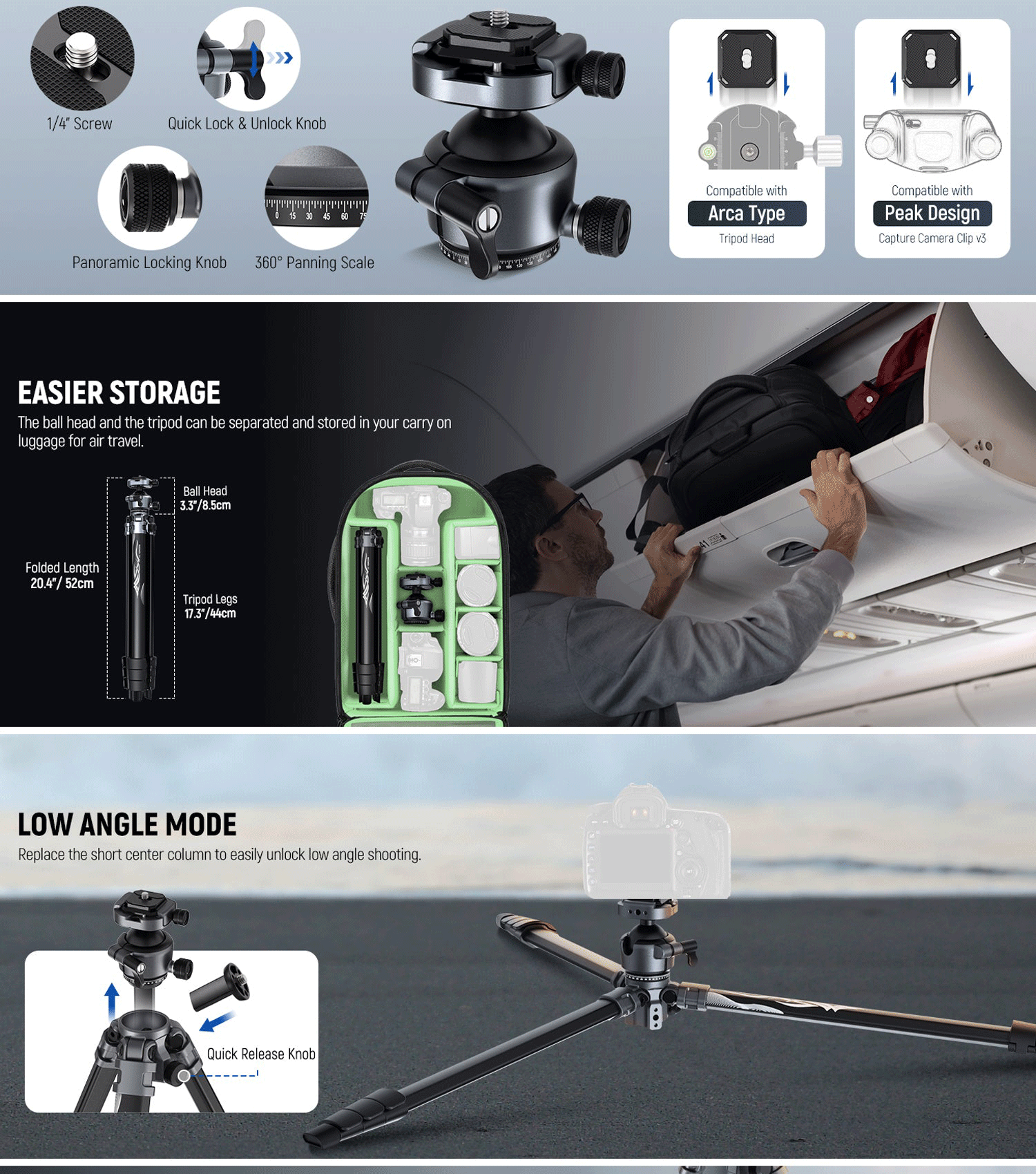 NEEWER LT07 61" Aluminum Travel Tripod Portable Camera Tripod Compatible with PD