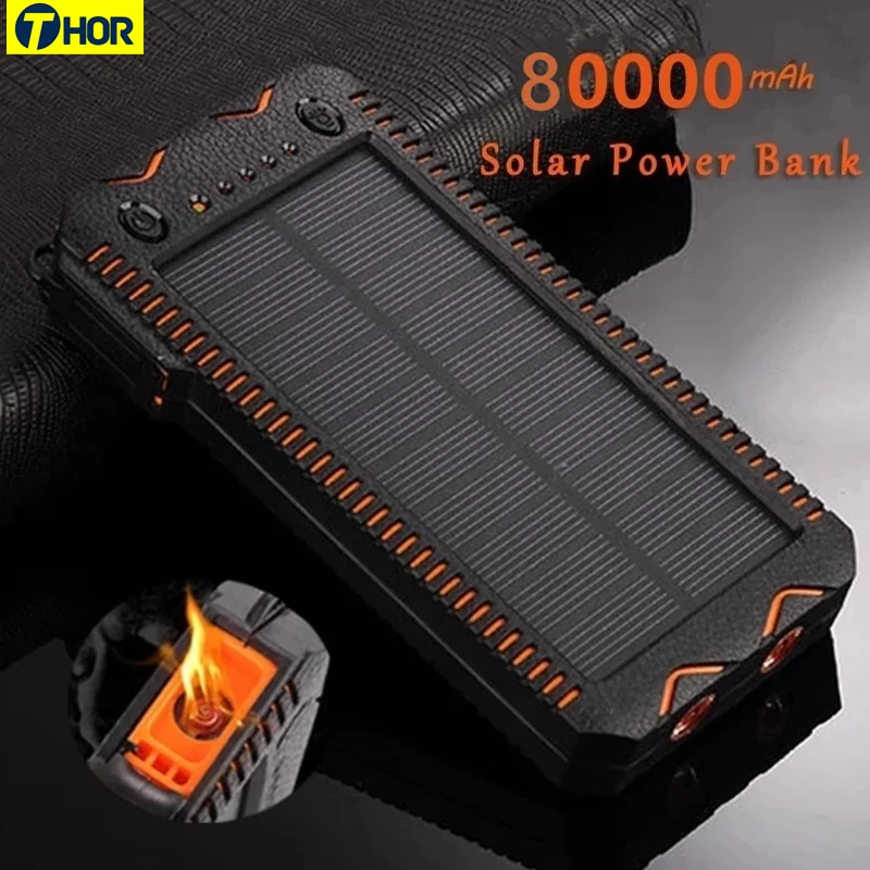 80000mAh Solar Power Bank High-Capacity Phone Charging Power Bank with Cigarette Lighter Double USB Outdoor Emergency Charger 1