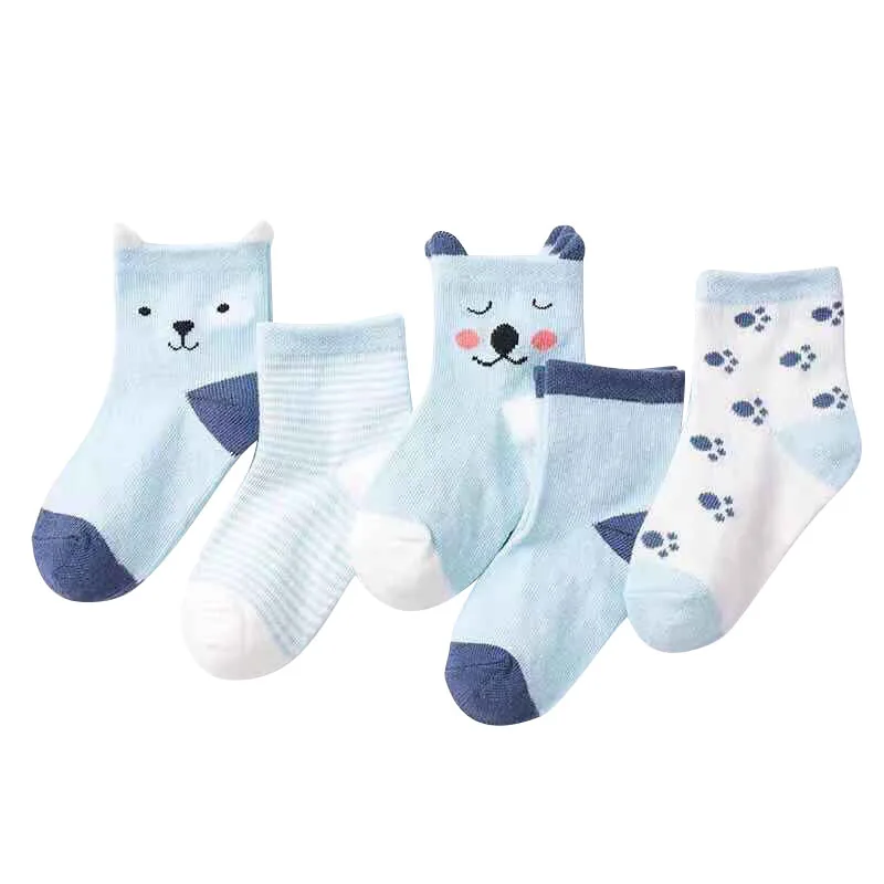 5 Pairs Cartoon Baby Socks Spring Autumn Stripe Dot Girls Boys Ankle Socks Soft Toddler Kids Short Socks 4