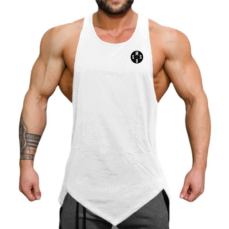 

Summer Fitness Bodybuilding Workout Slim Fit Gym Sports Mens Cotton Printed O-neck Irregular Hem Vest 4 Colors