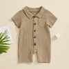 Summer Baby Clothing Newborn Infant Baby Boys Rompers Cotton Linen Solid Color Short Sleeve Lapel Jumpsuit Outfits 2