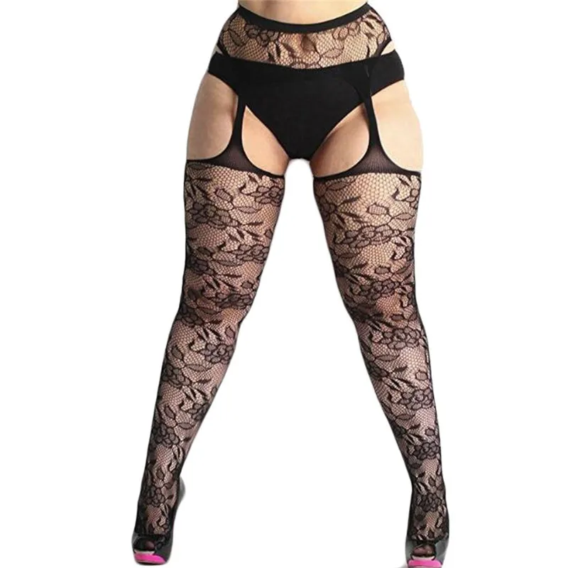 Women Black Stockings With Belt Set High Fishnet Tights Erotic Lingerie Sexy Pantyhose Floral Print Long Mesh Lace Stocking
