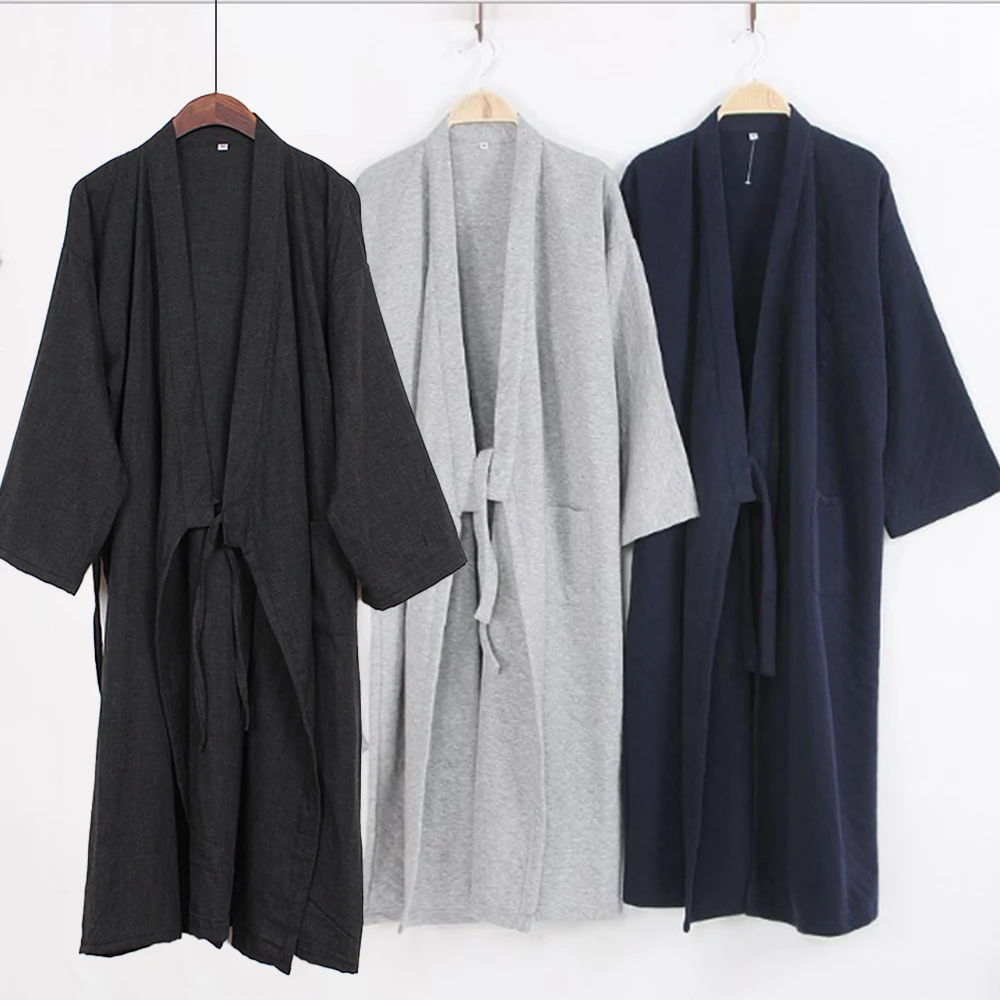 Men Casual Japanese Kimono Yukata Long Sleeve Bathrobe Pajamas Lace-up Belt Cotton Loose Homewear Solid Color Sleeping Robe