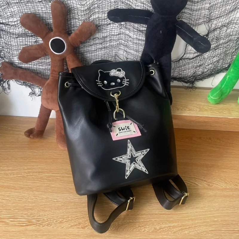 MBTI Y2k Hello Kitty Womens Backpack Vintage Black Pu Leather Fashion Casual Backpacks Patchwork Luxury Designer New Female Bag