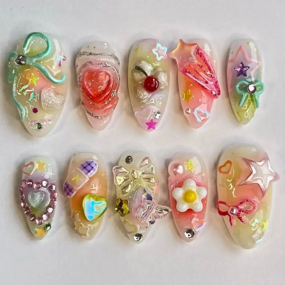Handmade Manicure Medium Almond Fake Nails Limited Press On Nails Shell Design with Adhesive Nail File Set