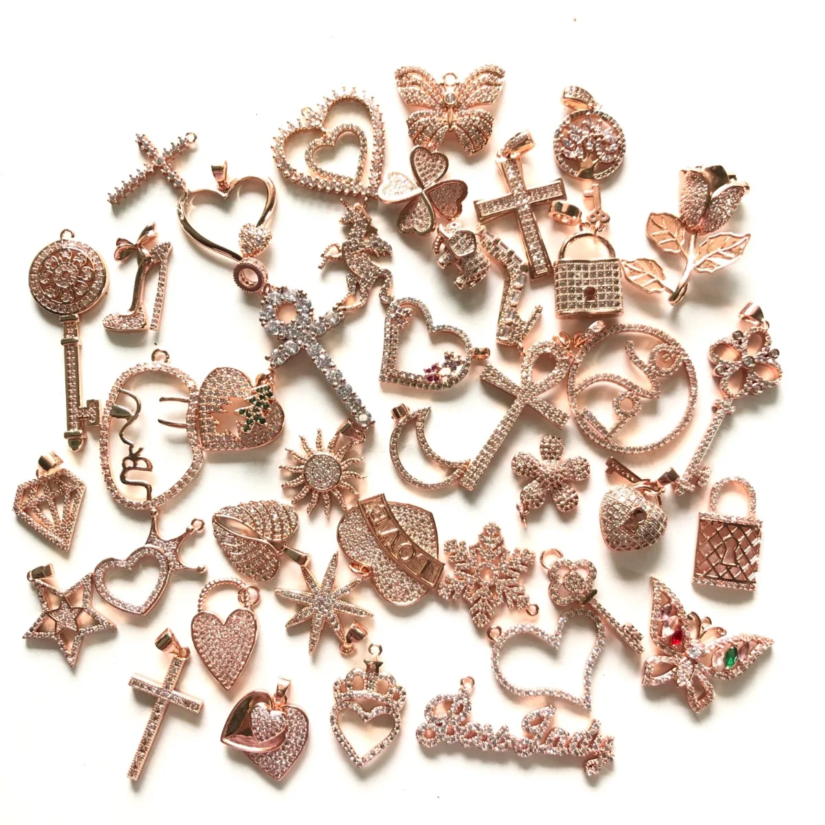 

30Pcs/lot Mix Random Rose Gold-Plated Cubic Zirconia Pave Charms Pendants for Waist Bracelets Creation Necklaces Craft Wholesale