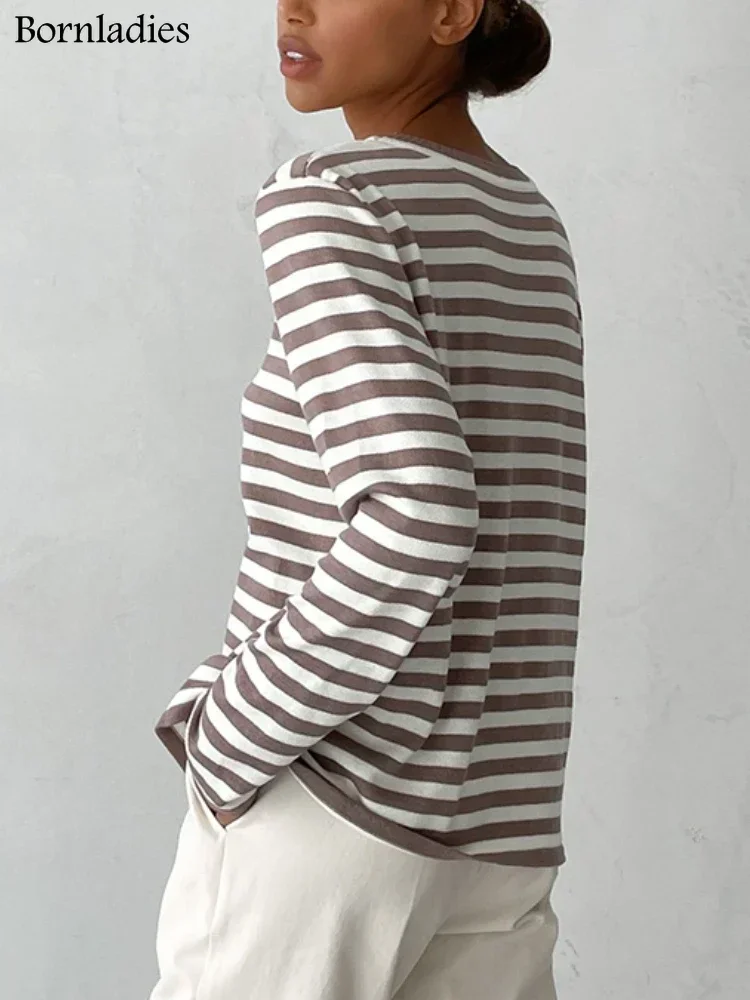 Bornladies Knitted Stripe Sweater Women 2025 Autumn Winter Loose Casual Thick Pullovers Female Warm Long-sleeved Round Neck Tops