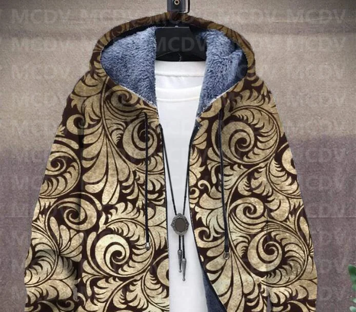 Men's Plush Thick Long-Sleeved Coat Cardigan Psychedelic Flower 3D Prined Fleece Hooded Overcoat Unisex Thick Warm Jacket
