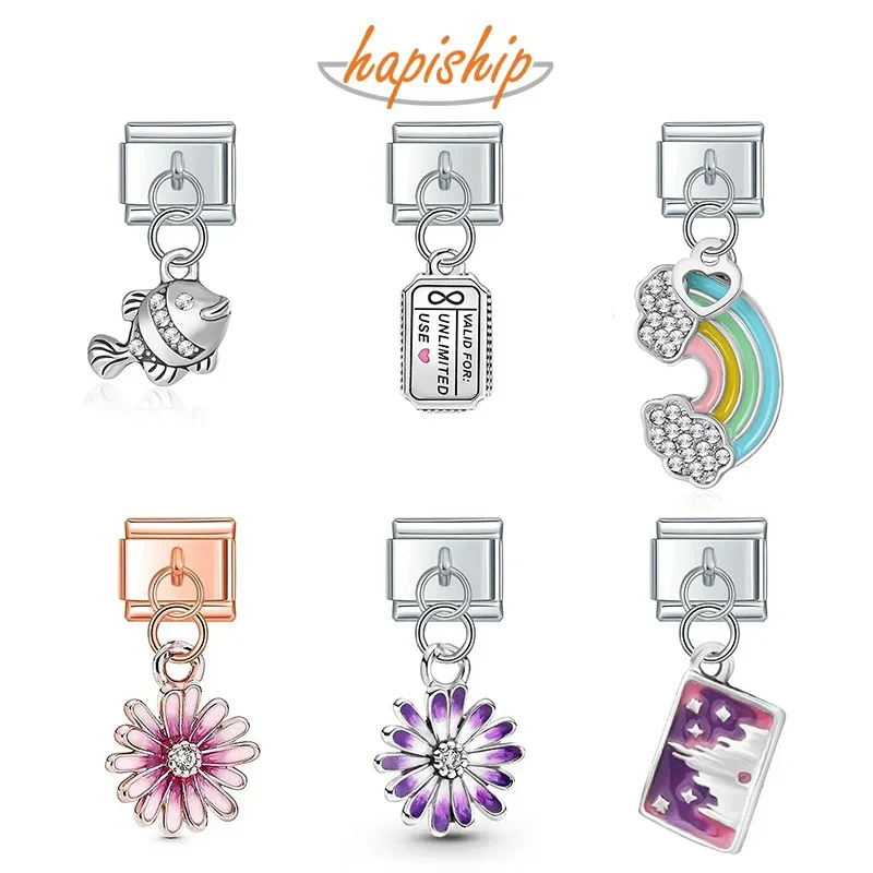 Hapiship Fashion Sweet Flower Fish Rainbow Dog Boy Girls Charm Links Fit 9mm Stainless Steel Bracelet Making DIY Jewelry DJ429