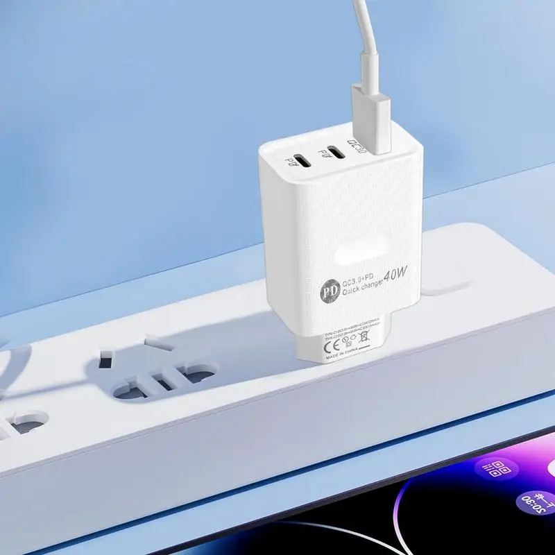 Phone Charger Block Travel Charger Charging Block Type C Adapter 40W Travel Plug Adapter Fast Charging 3-Port Wall Charger For
