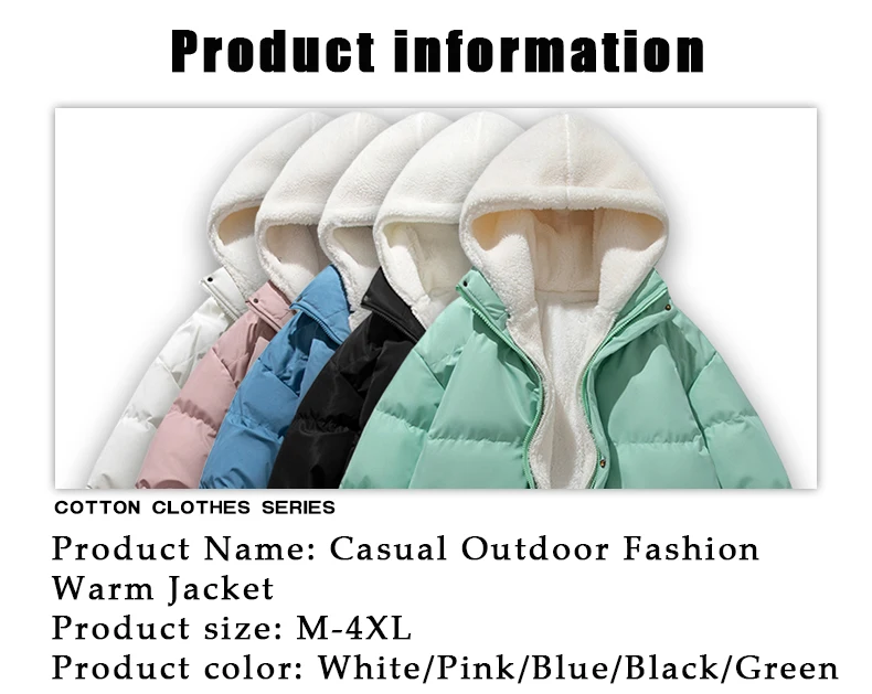 Man Winter Jacket Loose-fit Thickened Warm Cotton Coat Fleece Hood Men Trendy Cotton Padded Jacket Fake Two-piece Pink Couple
