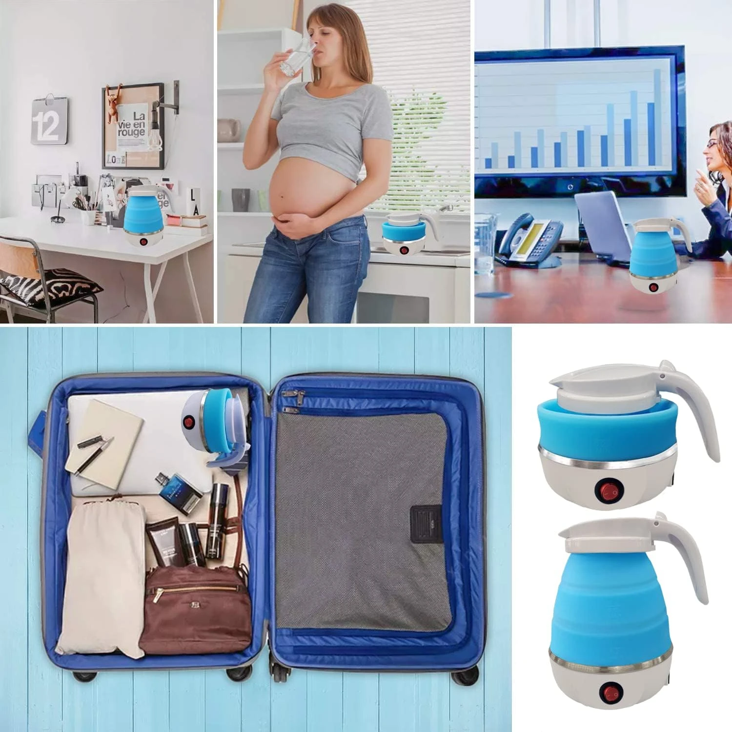 Foldable Portable Kettle with Food Grade Silicone, 6 Mins Fast Water Boiling Tea Pot Coffee Pot for Camping or Travel, Collapsi