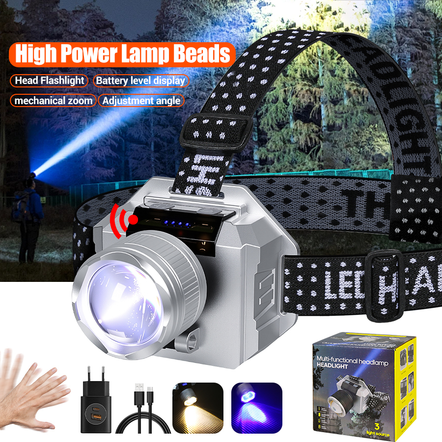 2000MAH Led Camping Headlamp Induction Headlight Head Rechargeable Flashlight Zoomable Lamp 8 Light Mode Outdoor Fishing Lantern