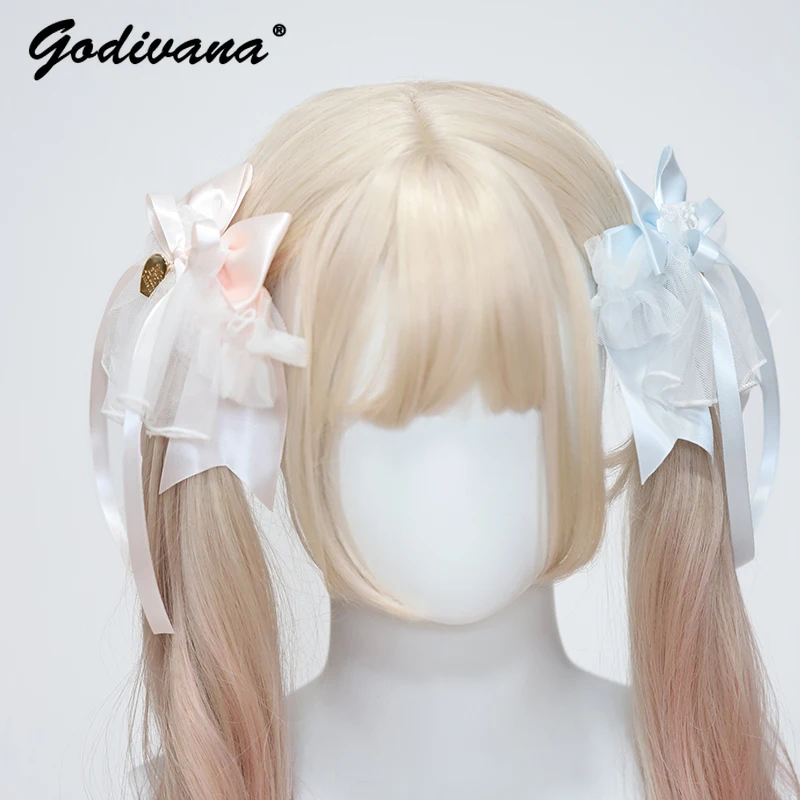 

Japanese Style Ribbon Bowknot Barrettes Pink Blue Yarn Princess Duckbilled Headdress 2023 Autumn Hair Clips for Women