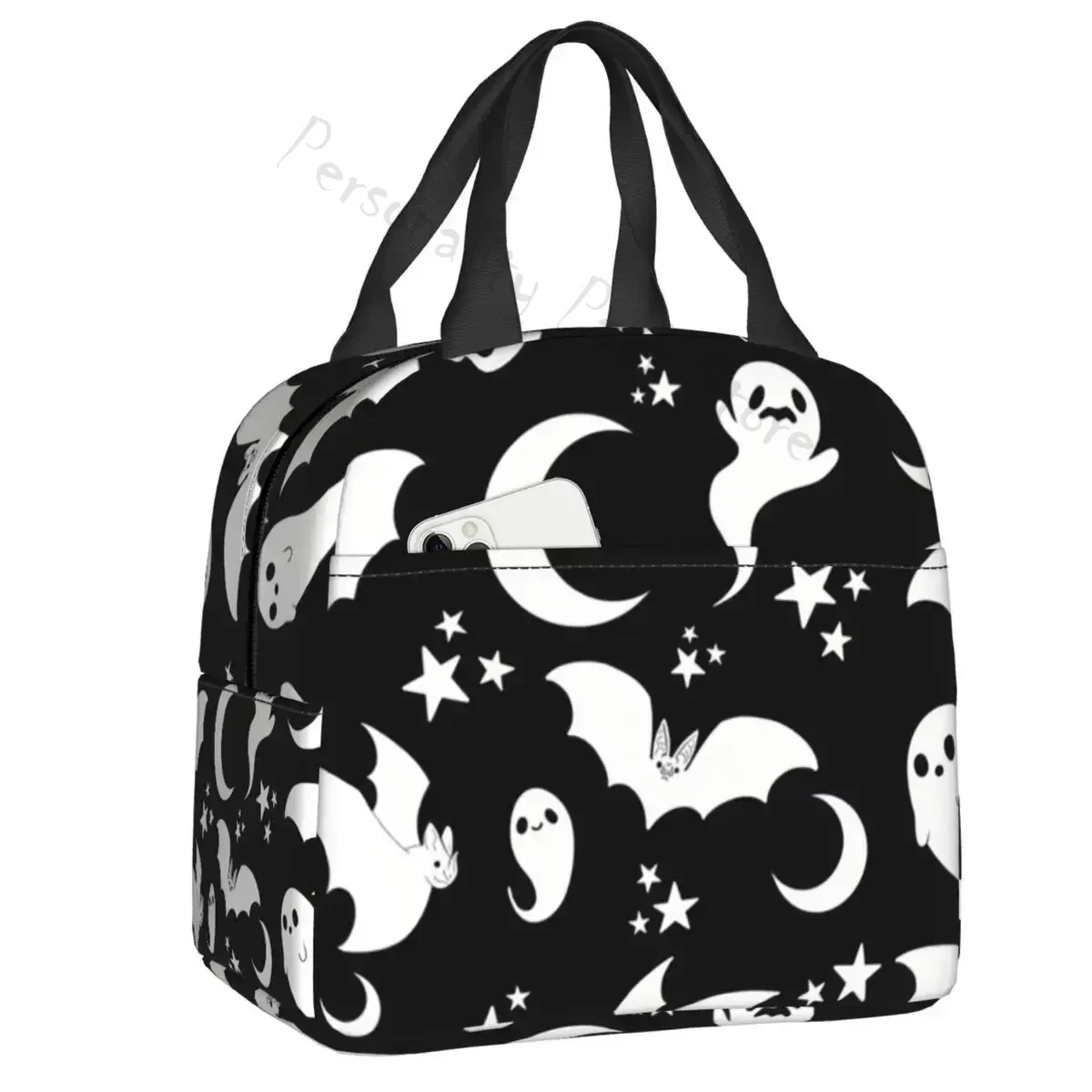 

2024 New Custom Witch Halloween Spooky Ghosts Bats Lunch Bag Men Women Cooler Warm Insulated Lunch Box For Kids School Lunchbag