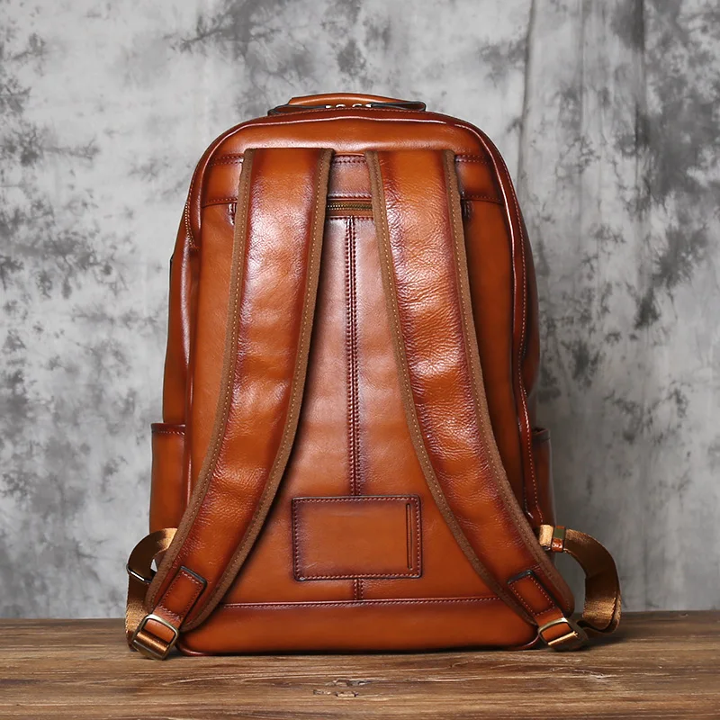 NZPJ Retro Genuine Leather Men's Backpack Fashion Top Layer Cowhide Backpack Large Capacity Travel Backpack Laptop Bag