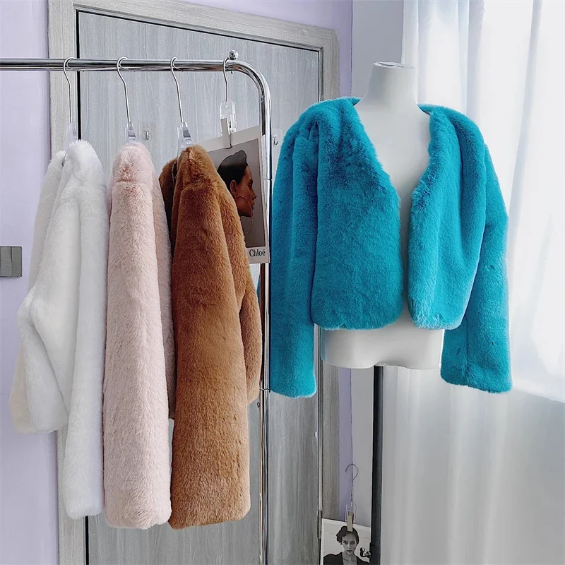 FANIECES 7 Colors Solid Faux Rabbit Fur Coat Women V Neck Warm Plush Fur Jacket Winter Korean Casual Overcoat manteau femme hive