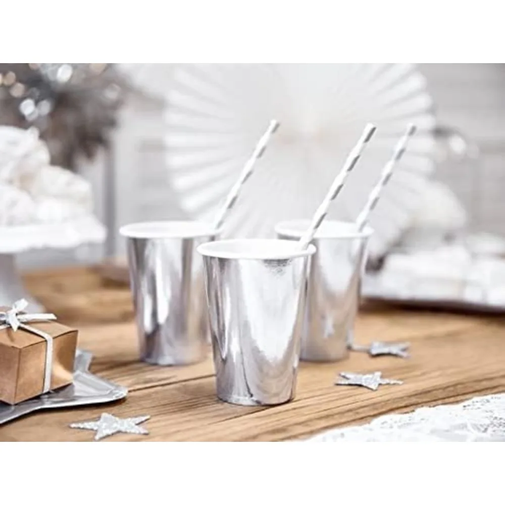 100 Pcs Biodegradable Silver Paper Straws Bulk, Metallic Foil Striped/Wave/Dots Straws for Birthday, Wedding, Party Supplies