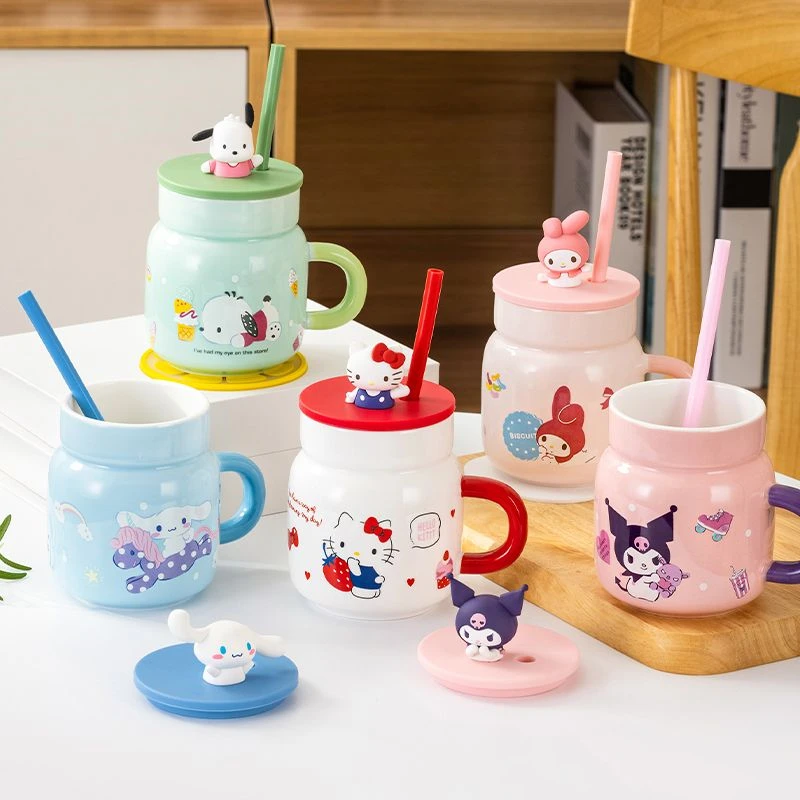 

450ML Kawaii Sanrio Anime My Melody Kuromi Cinnamoroll Hello Kitty Porcelain Mug with Silicone Lid Straw Cup Gift for Girlfriend