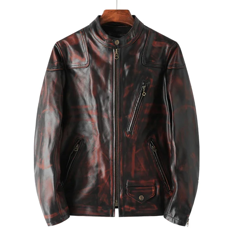 thumbnail image 1 of Chaqueta de motociclista Core Tea Horsehide de cuero genuino para hombre, clásica, con cuello alto, estilo retro, 1 of 4