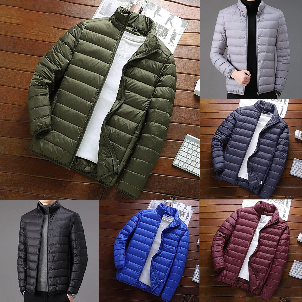 Fashion Men's Ultra Light Parkas Cotton Jacket Stand Collar Zip-up Solid Color Long Sleeve Parka Tops Coat Man Clothing