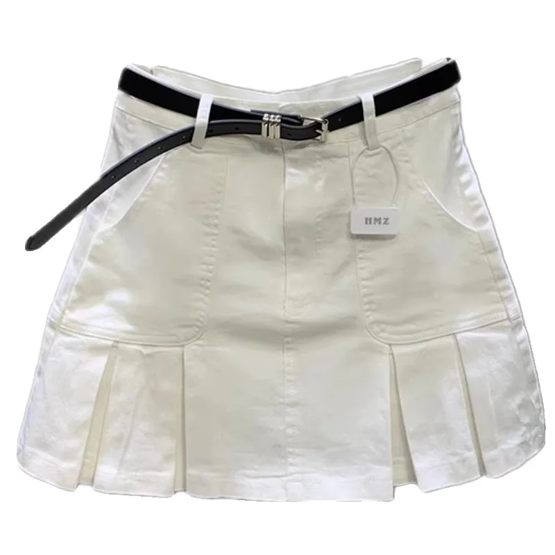 

Korean Washed Cotton White Denim Pleated Skirt 2024 New Women's High Waisted Anti Glare Bodycon Short Pleated Skirt