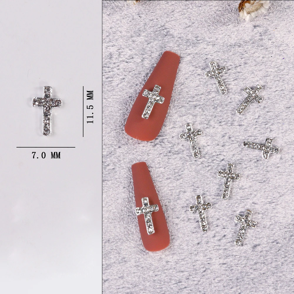 2 Pieces Jewelry Cross Silver Tone 3D Metal Nail Charms Art 