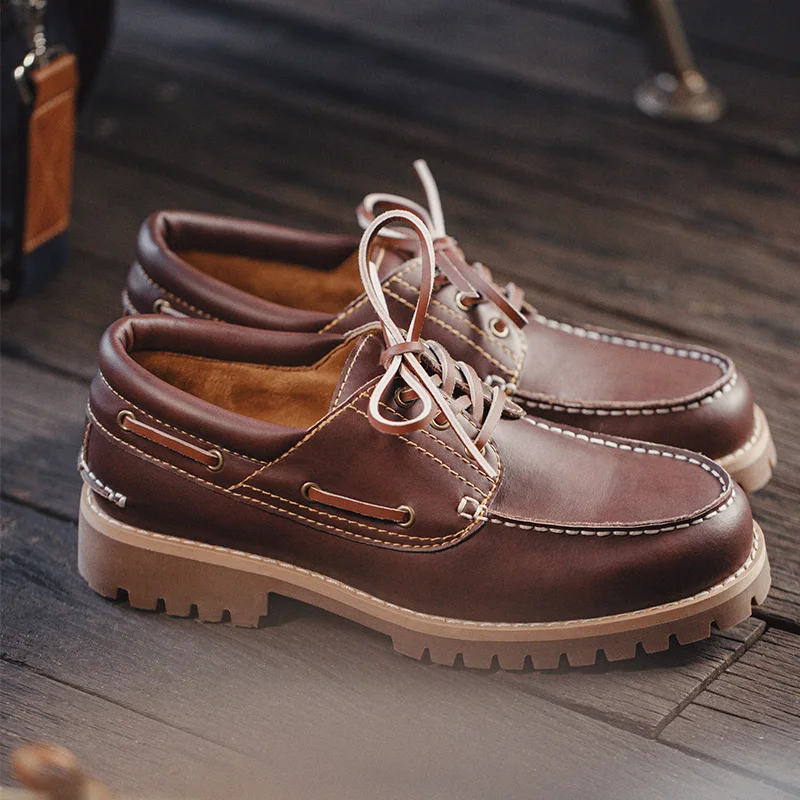 Men's Vintage Second-layer Cowhide Boat Shoes Genuine Leather Derby Shoes Round Toe Low Top Boots British Style Work leather shoes