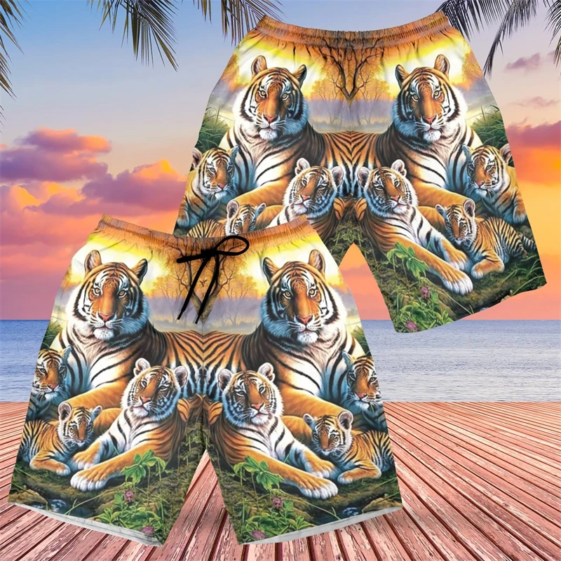 

Tropical Tiger 3D Printed Hawaiian Beach Shorts Casual Aloha Animal Cat Graphic Short Pants For Men Clothes Vacation Kids Trunks