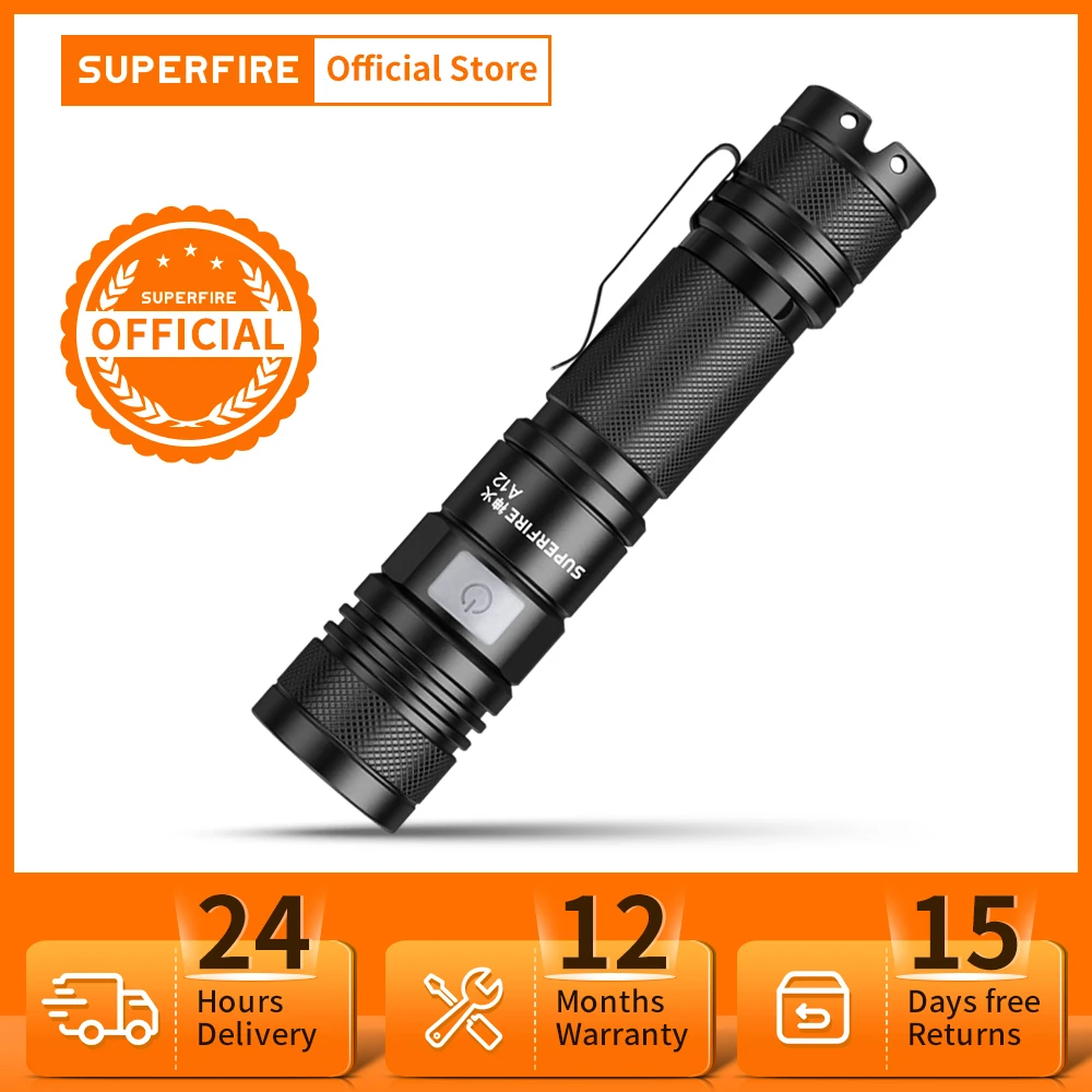 SUPERFIRE A12 Powerful LED Flashlight USB C Rechargeable Zoomable 18650 EDC Torch 5 Mode Light Camping Fishing Lantern