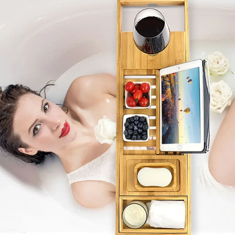 Extendable Sides Bathtub Tray Bamboo Bathtub Rack Retractable Non-slip Bath Shelf with Phone Rack Wine Glass Holder