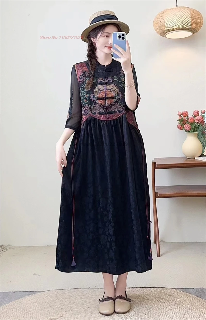 2024-chinese-vintage-stand-collar-dress-national-flower-embroidery-sleeveless-dress-oriental-a-line-jacquard-patchwork-dress