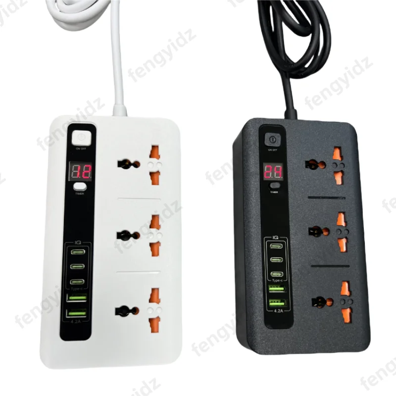 Universal Outlet EU/UK Plug Power Strip Timer Sockets 2M Extension Cable 2 USB 3 TYPE-C Network Filter Fast Charging Socket