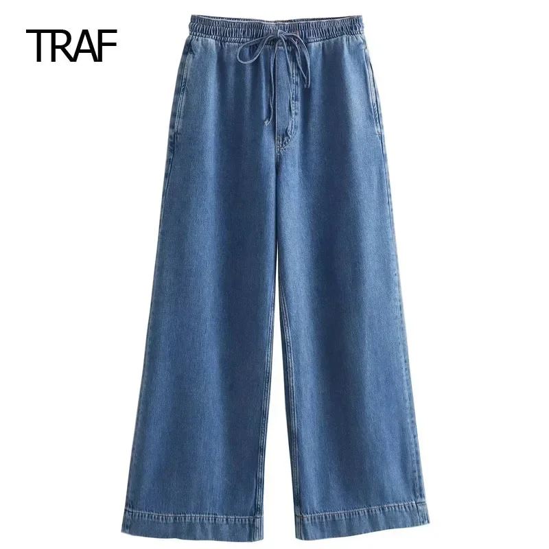 

TRAF Women's Pant Spring Summer Faded Blue Baggy Pant Mid Waist Tied Belt Pants New In Pant Office Wear For Female Professional