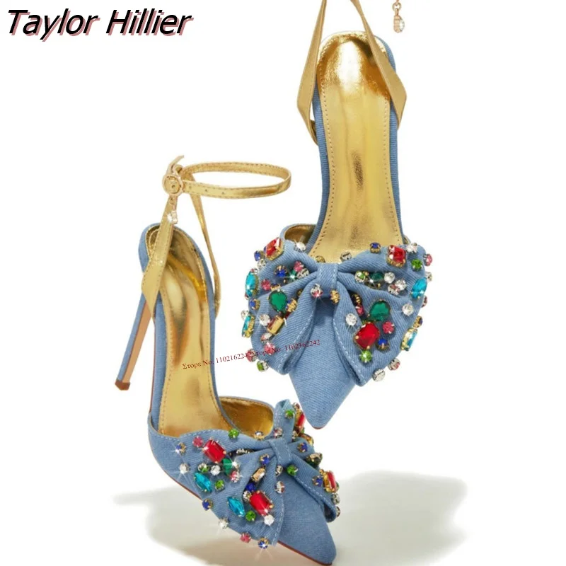 

New Bowknot Rhinestone Pumps Gemstone Pointed Toe Stiletto Buckle All-Match Denim High-Heeled Shoes Fashion Dress Ladies Shoes
