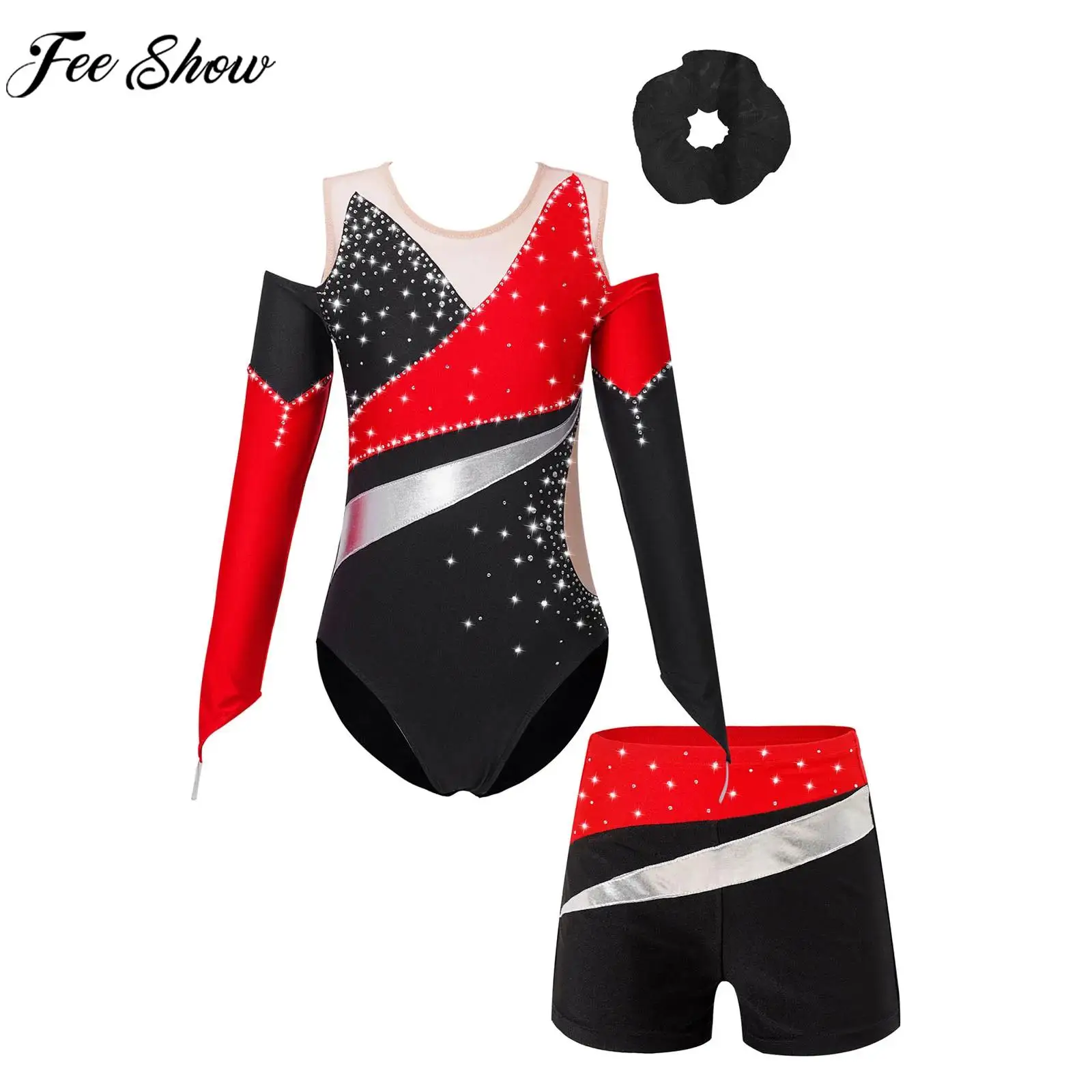

Kids Girls Figure Skating Costume Ballet Dance Gymnastics Leotard Long Sleeve Rhinestone Mesh Bodysuit with Shorts Hair Band