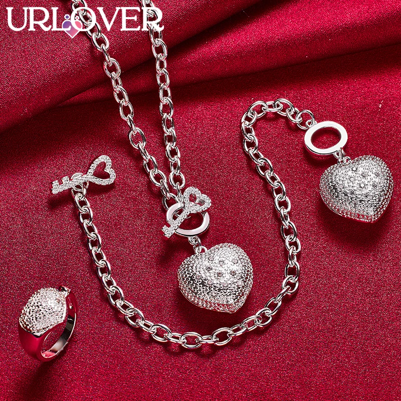 

URLOVER 3pcs/lot 925 Sterling Silver Zircon Heart Key Pendant Pendant Necklace Ring Bracelet Set For Woman Fashion Charm Jewelry