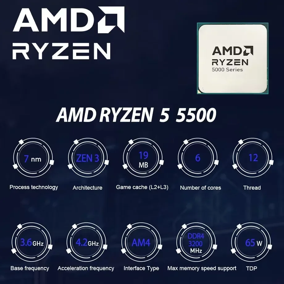 AMD Ryzen 5 5500 L3=16M 게이밍 프로세서 DDR4 소켓 AM4 R5 5500 새 제품 3.6GHz 6코어 12스레드 65W 7NM (팬 없음)