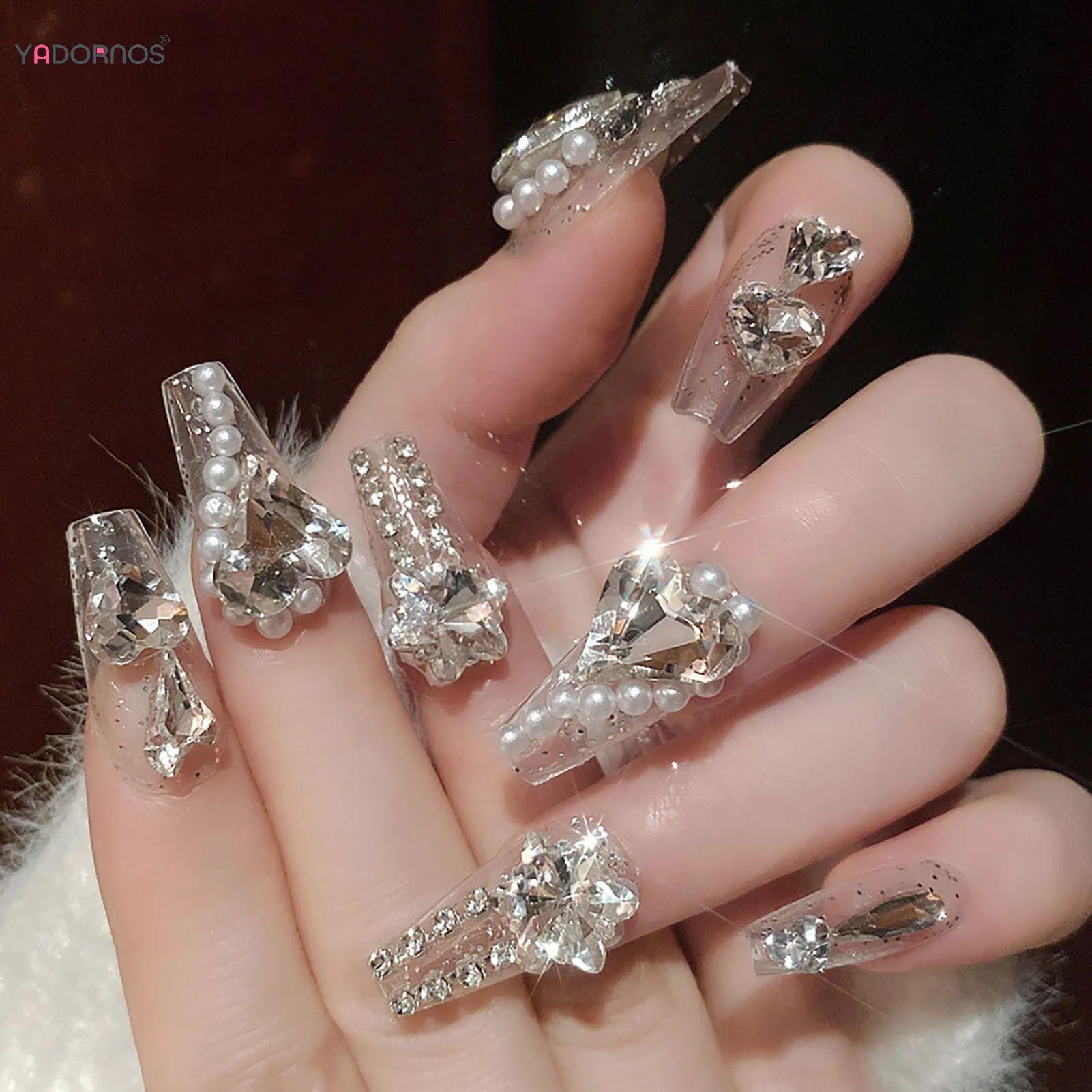 

Transparent Long Fake Nails With Shiny Rhinestone Long Lasting Safe Material Waterproof False Nails For Hot Girl Dress Matching