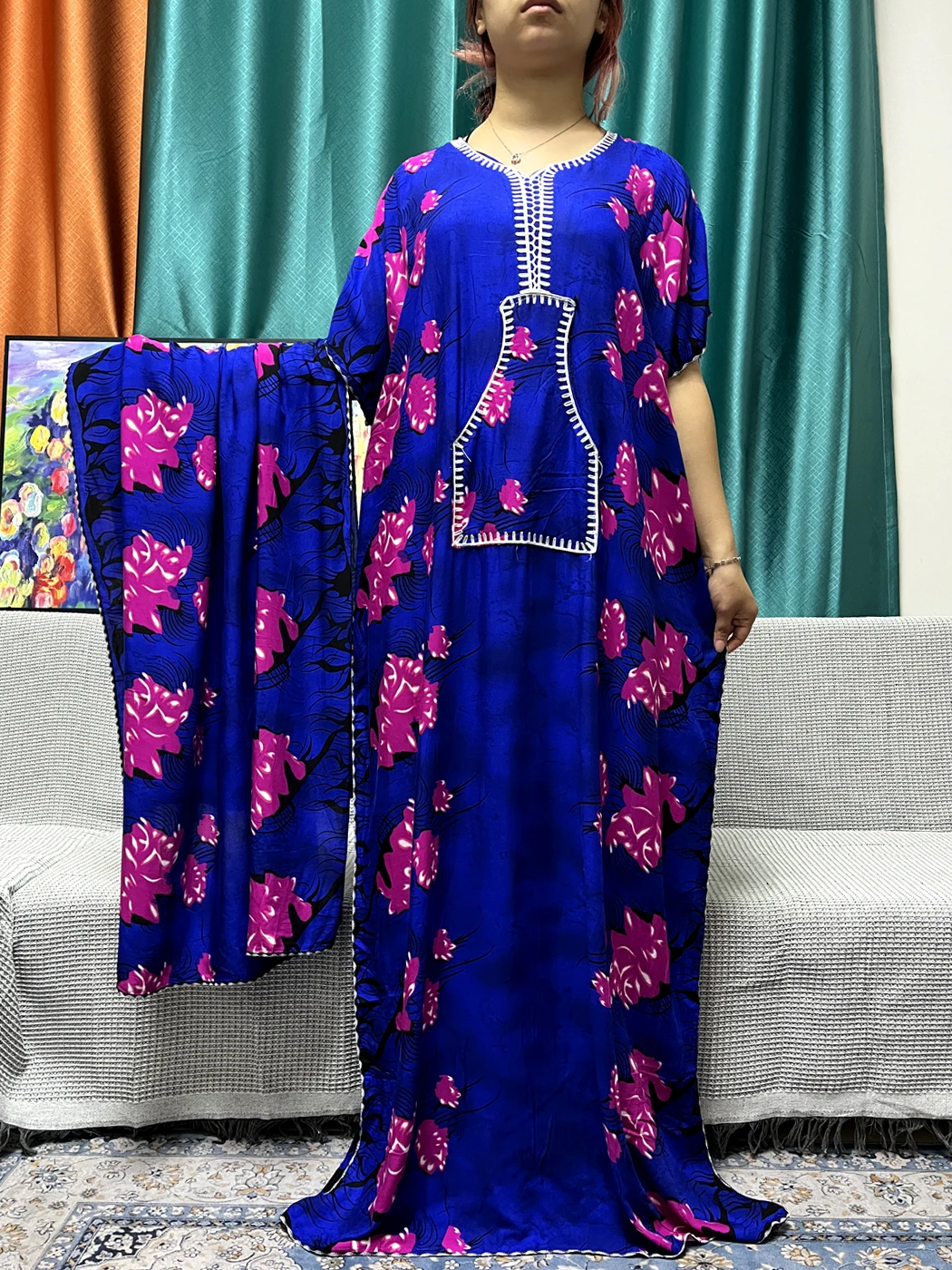 Abayas For Women's Prayer Garment Traditional Printed Floral Cotton Boubou Loose Femme Robe African Islam Dresses 160x70cm Scarf