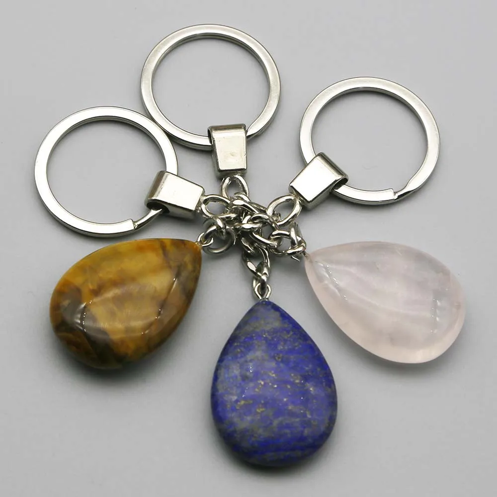 

Water Drop Natural Gem Stone Keyring Friend Rose Quartz Key Ring Chain Accessories Women Men Love Keychain Jewelry Lady Gift 6PC