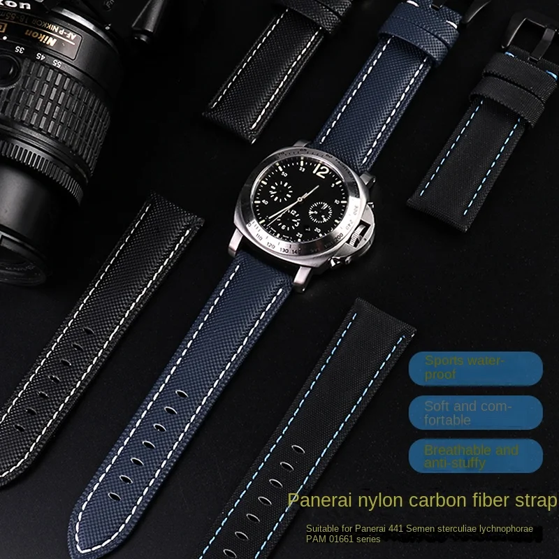 Cinturino In Pelle Di Nylon In Fibra Di Carbonio Per Panerai 441 Pam01661 Omega Diesel Blue Black Watchband 22Mm 24Mm 26Mmmm Bracciale A Fascia Da Uom