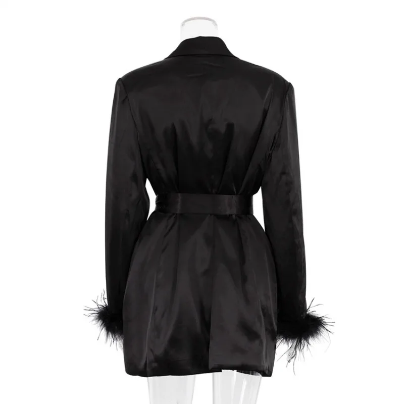 Lace Up Blazer Dress For Women Feather Splice Black Long Sleeve Fashion Dresses Femme Party Temperament Vestido Ladies